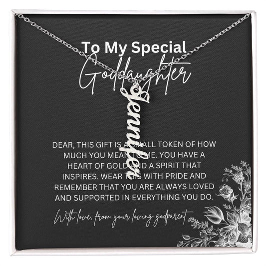 To My Special Goddaughter | Elegant Vertical Name Necklace with a Heartfelt Note