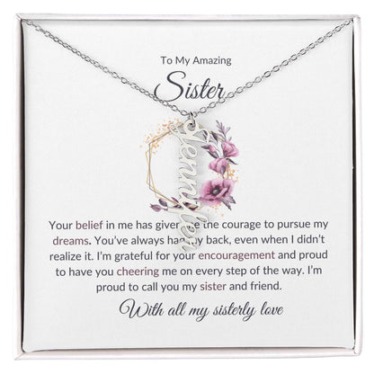 Sisterly Love Vertical Name Jewelry with Greeting Cards | Gift for Sister | Necklace Gift for Sister