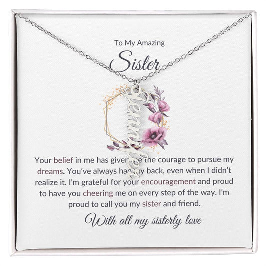 Sisterly Love Vertical Name Jewelry with Greeting Cards | Gift for Sister | Necklace Gift for Sister