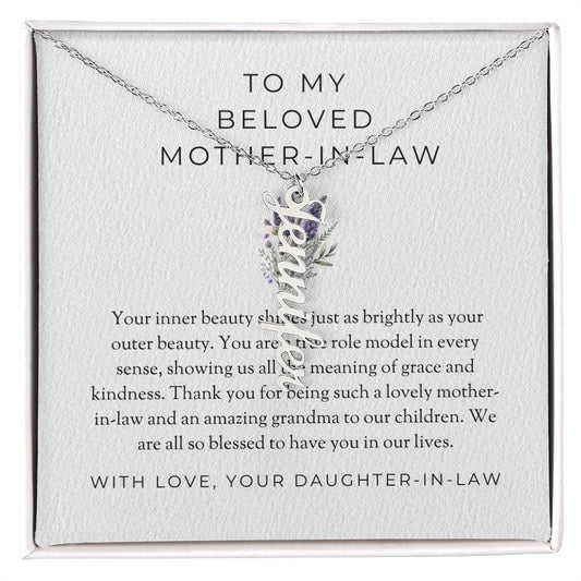 To My Beloved Mother-in-Law | Vertical-Shaped Custom Name Necklace with Heartfelt Message