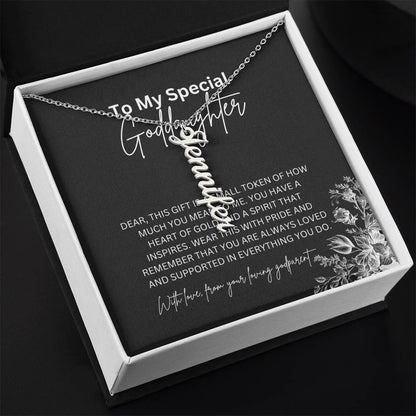 To My Special Goddaughter | Elegant Vertical Name Necklace with a Heartfelt Note