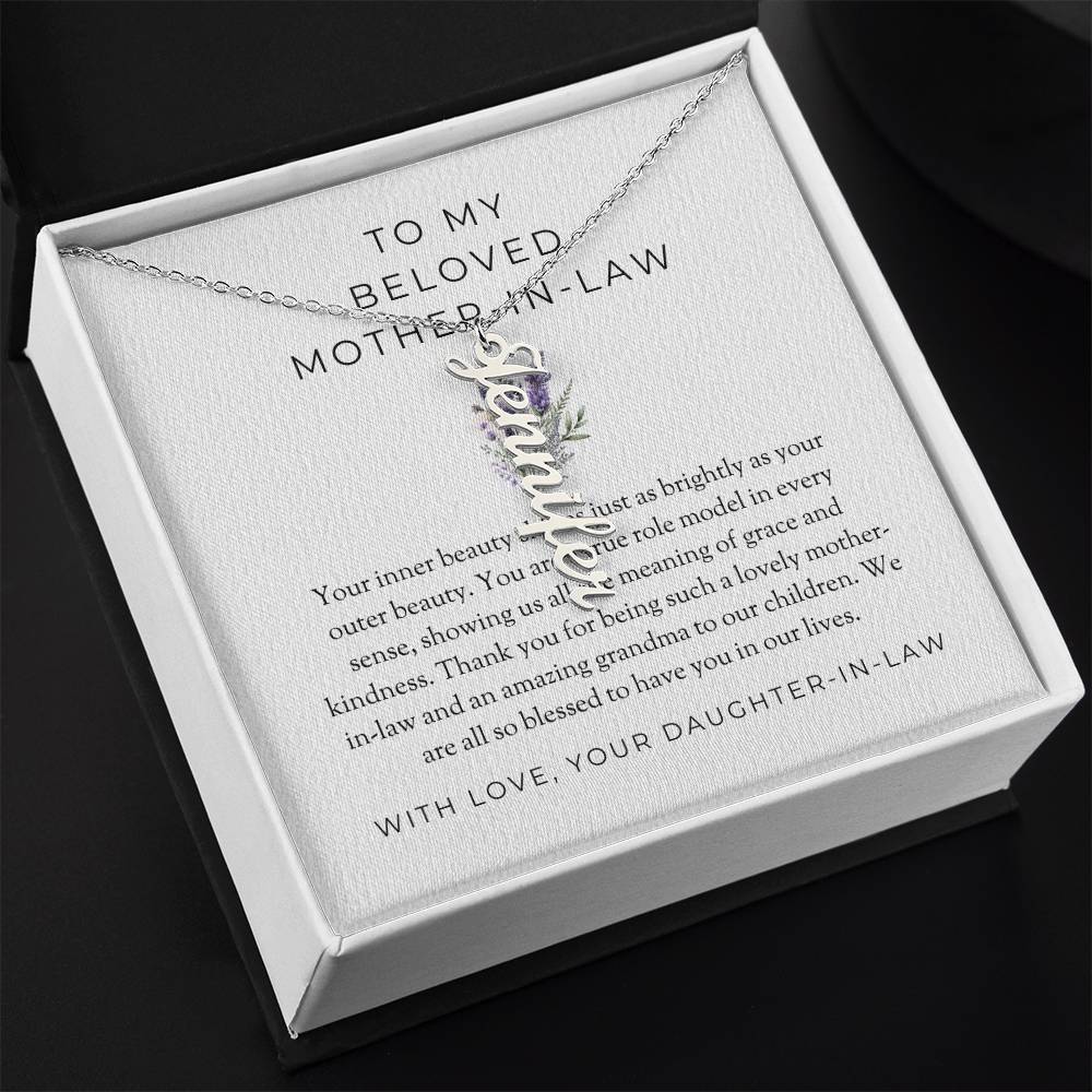 To My Beloved Mother-in-Law | Vertical-Shaped Custom Name Necklace with Heartfelt Message