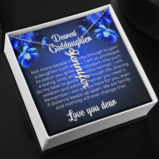 To My Dearest Goddaughter | Vertical Name Necklace with a Special Message Card