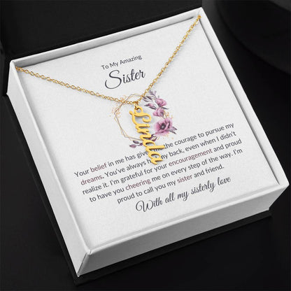 Sisterly Love Vertical Name Jewelry with Greeting Cards | Gift for Sister | Necklace Gift for Sister