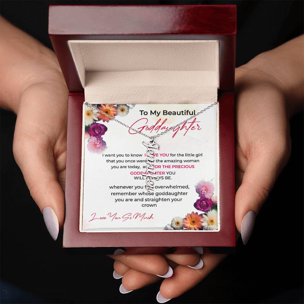 To My Beautiful Goddaughter | Unique Vertical Name Necklace with a Thoughtful Card