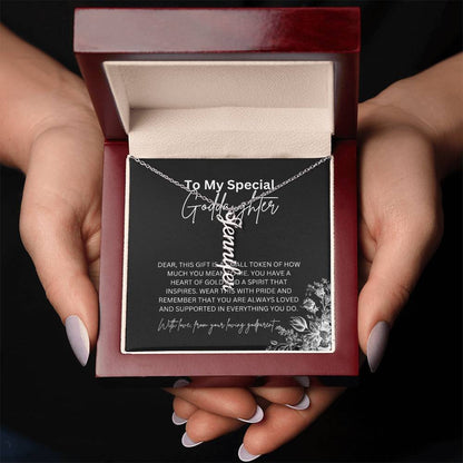 To My Special Goddaughter | Elegant Vertical Name Necklace with a Heartfelt Note
