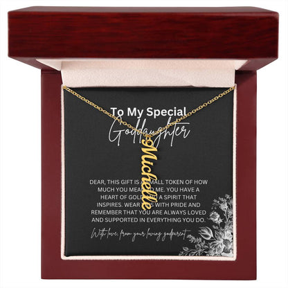 To My Special Goddaughter | Elegant Vertical Name Necklace with a Heartfelt Note