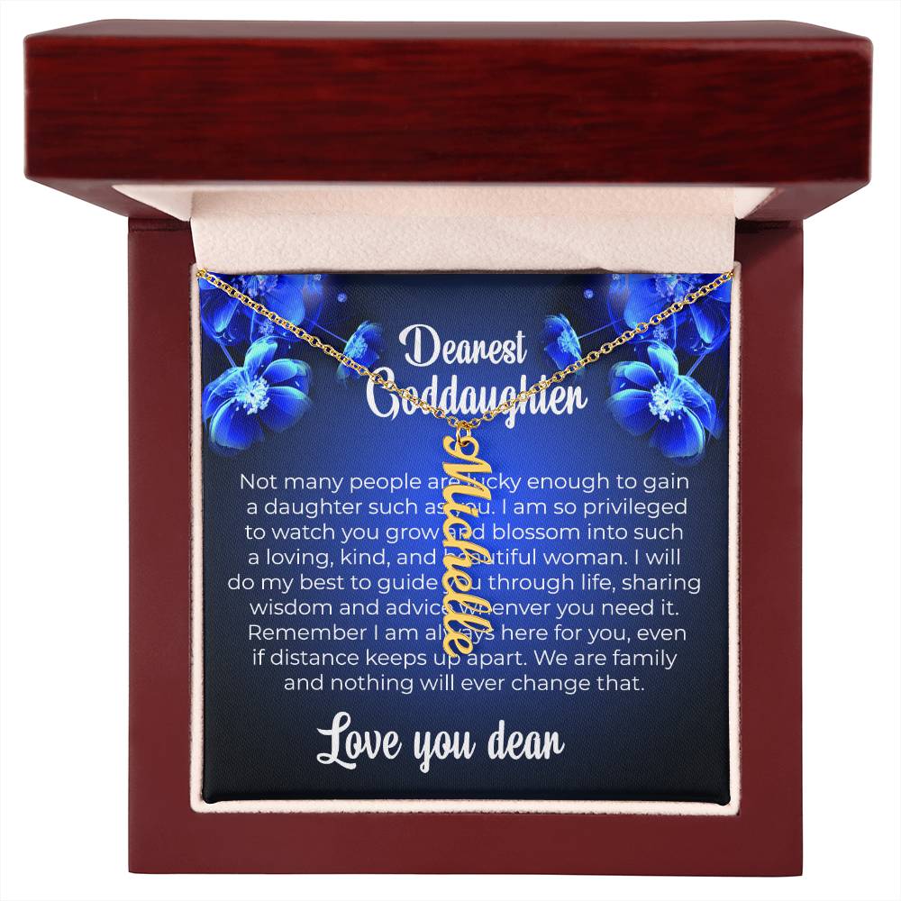 To My Dearest Goddaughter | Vertical Name Necklace with a Special Message Card