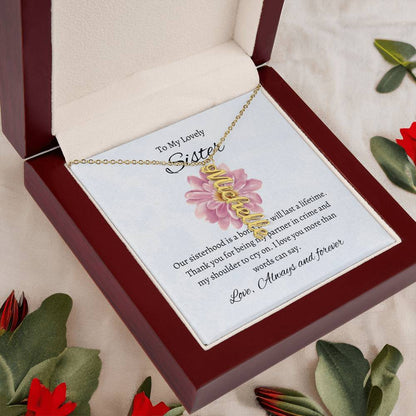 To My Lovely Sister Vertical Name Necklace with Greeting Cards | Gift for Sister | Necklace Gift for Sister