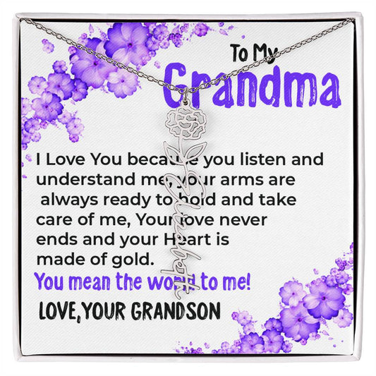To My Grandma, My World | Flower Style Name Necklace Gift from Grandson | Gift for Grandma