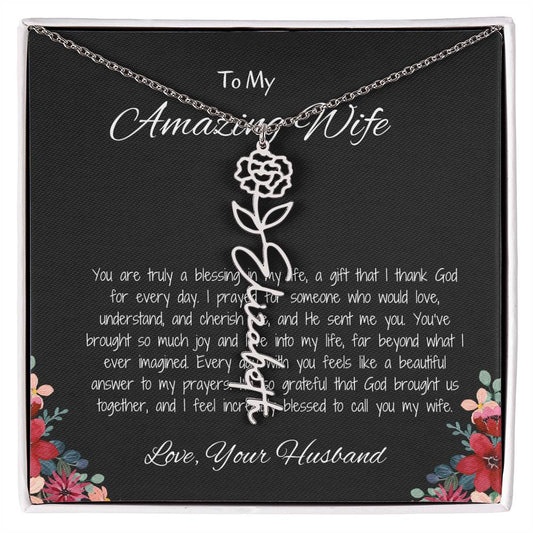 To My Amazing Wife - Custom Flower Name Necklace with Heartfelt Message