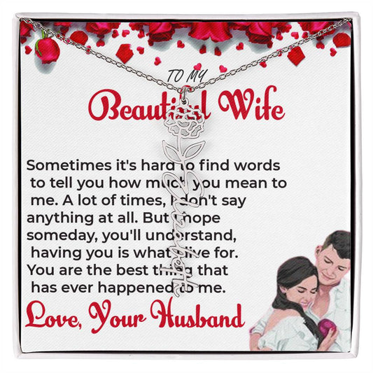 To My Beautiful Wife - Personalized Flower Name Necklace with Engraved Message