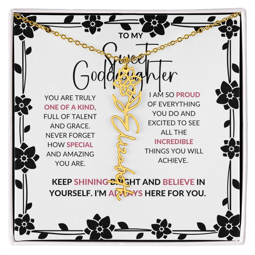 To My Sweet Goddaughter | Flower Style Name Necklace with a Heartfelt Message Card