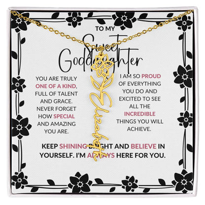 To My Sweet Goddaughter | Flower Style Name Necklace with a Heartfelt Message Card