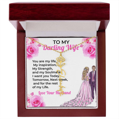 To My Darling Wife, My Life - Personalized Flower Name Necklace with Engraved Message