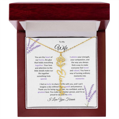 To My Wife, The Heart of Our Home - Custom Flower Name Necklace with Special Message