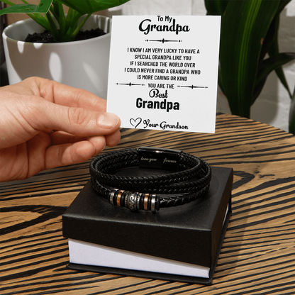 To My Wonderful Grandpa – Men's Bead & Leather Bracelet Gift for Grandpa from Grandson with Message Card