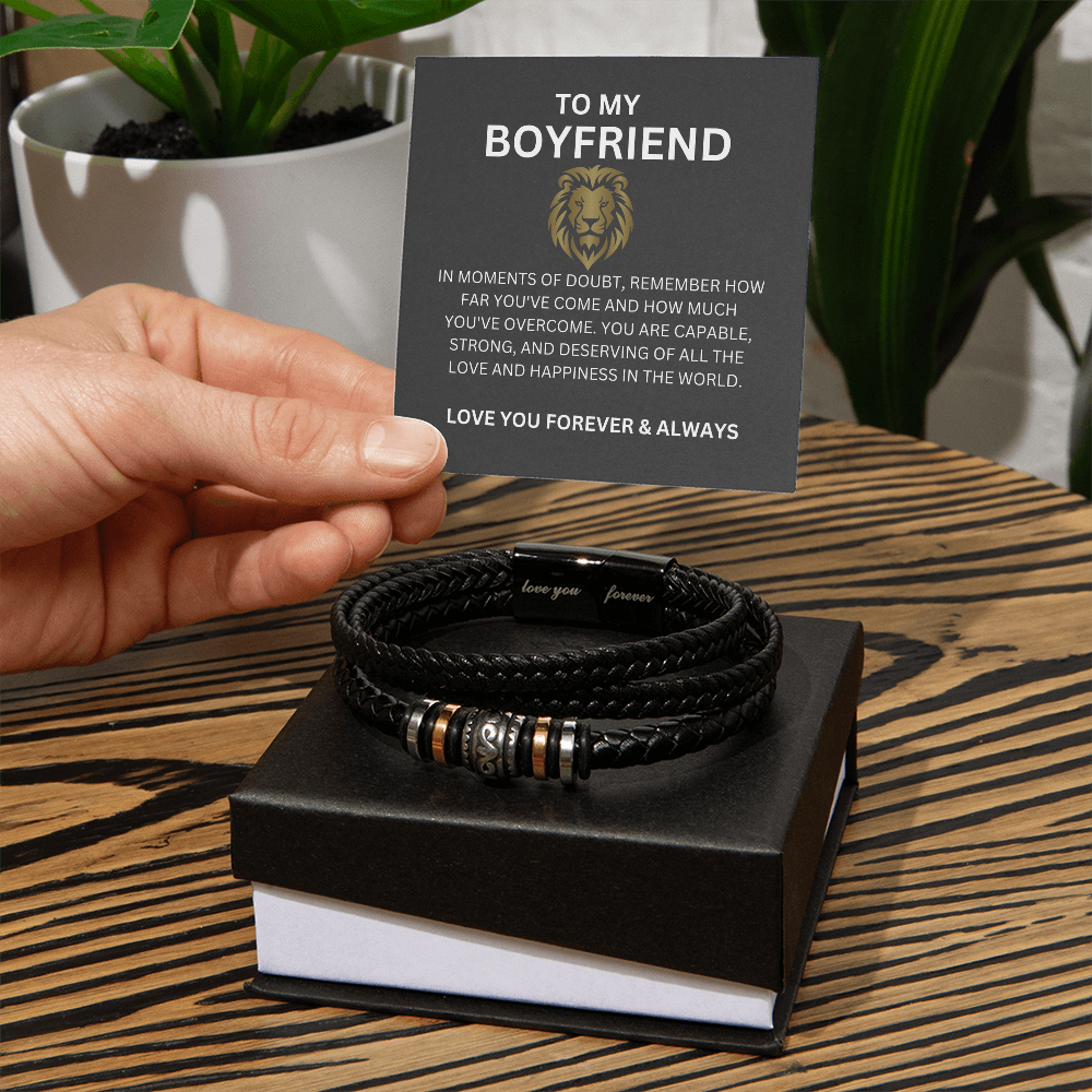 Men's Leather Bead Bracelet Gift for Boyfriend — Romantic Heartfelt Message Card Included