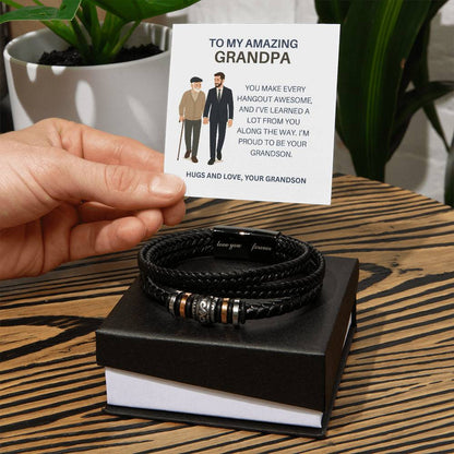 To My Amazing Grandpa – Leather and Beaded Bracelet for Grandpa from Grandson, Special Gift for Grandpa