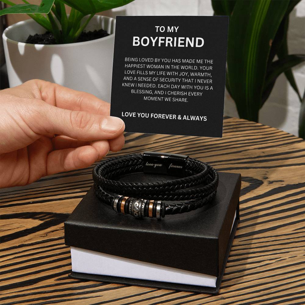 Unique Men’s Leather Bead Bracelet for Boyfriend with Heartfelt Message Card