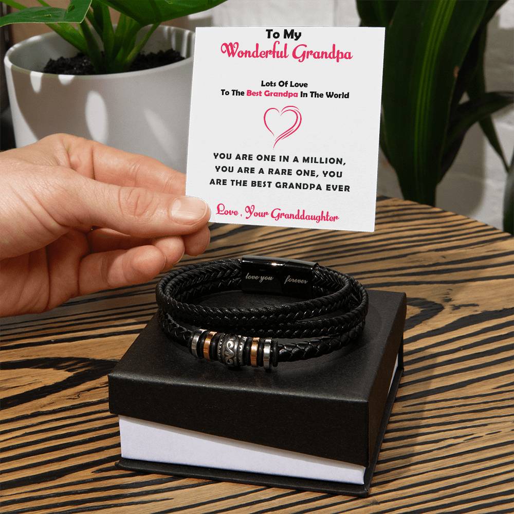 To My Wonderful Grandpa – Bead & Leather Bracelet Gift for Grandpa from Granddaughter with Heartfelt Message Card