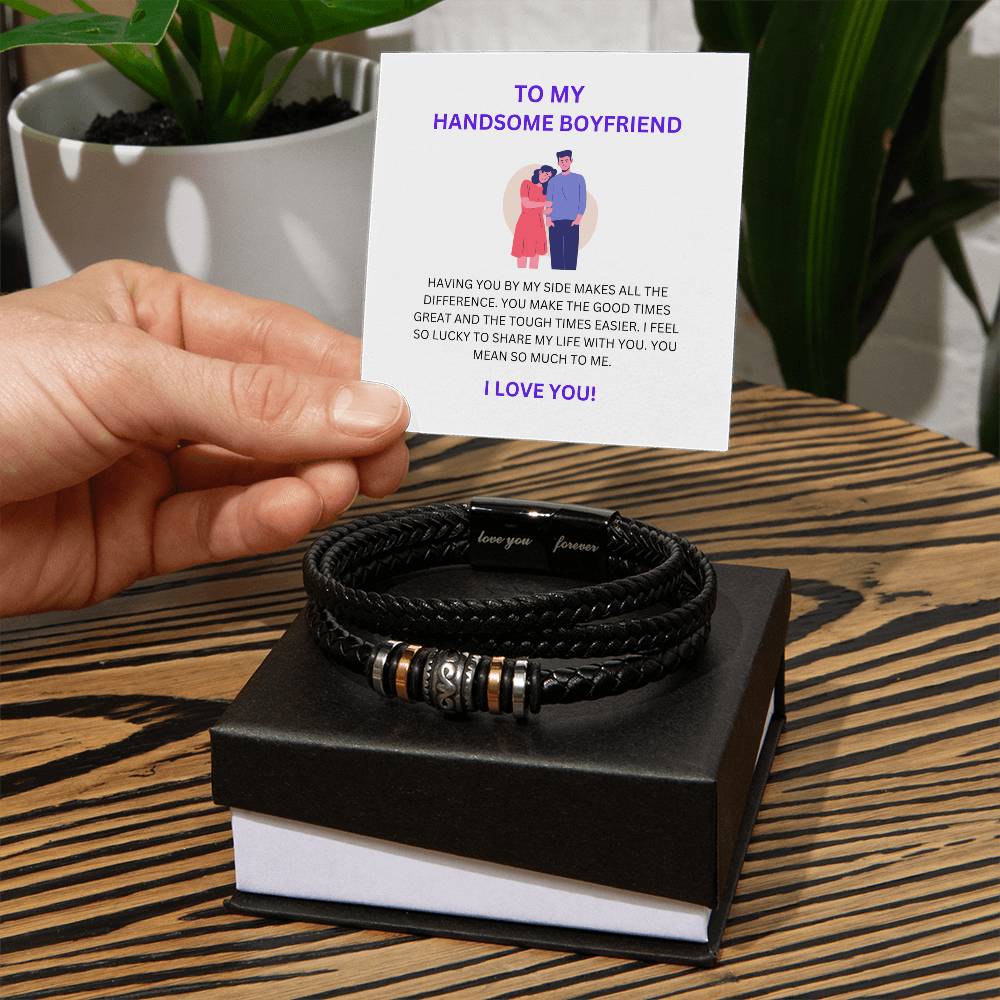 To My Handsome Boyfriend — Men’s Leather Bead Bracelet with Heartfelt Message Card