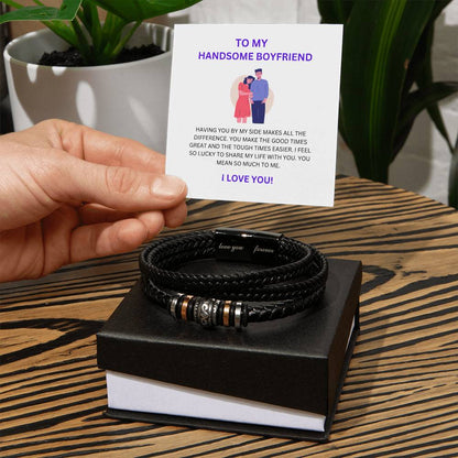 To My Handsome Boyfriend — Men’s Leather Bead Bracelet with Heartfelt Message Card