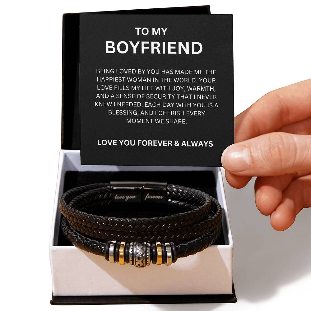 Unique Men’s Leather Bead Bracelet for Boyfriend with Heartfelt Message Card