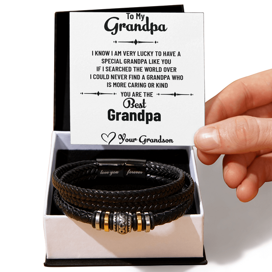 To My Wonderful Grandpa – Men's Bead & Leather Bracelet Gift for Grandpa from Grandson with Message Card