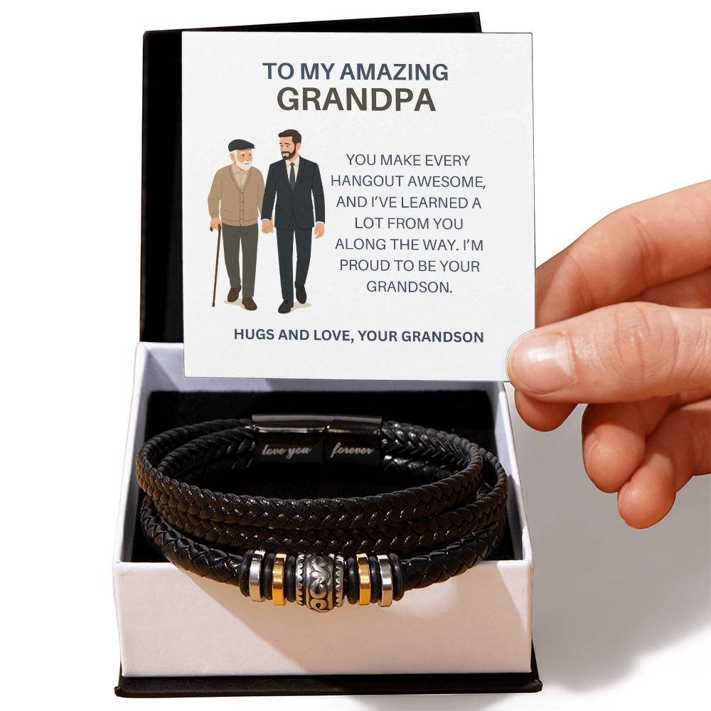 To My Amazing Grandpa – Leather and Beaded Bracelet for Grandpa from Grandson, Special Gift for Grandpa