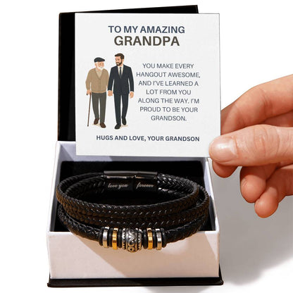 To My Amazing Grandpa – Leather and Beaded Bracelet for Grandpa from Grandson, Special Gift for Grandpa