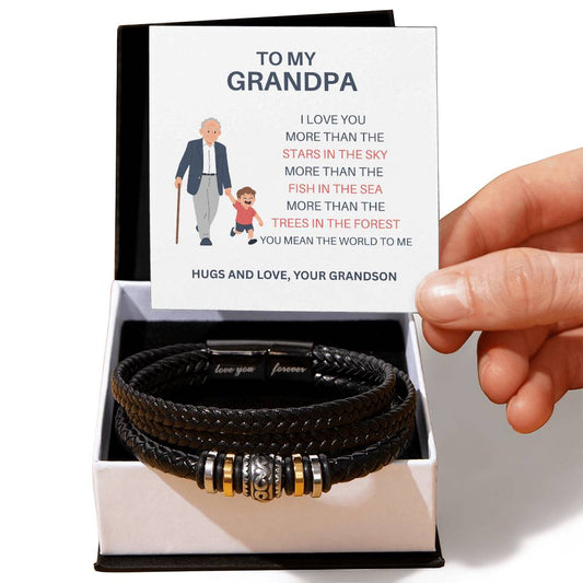 To My Dear Grandpa – Men’s Leather & Bead Bracelet Gift for Grandpa from Grandson
