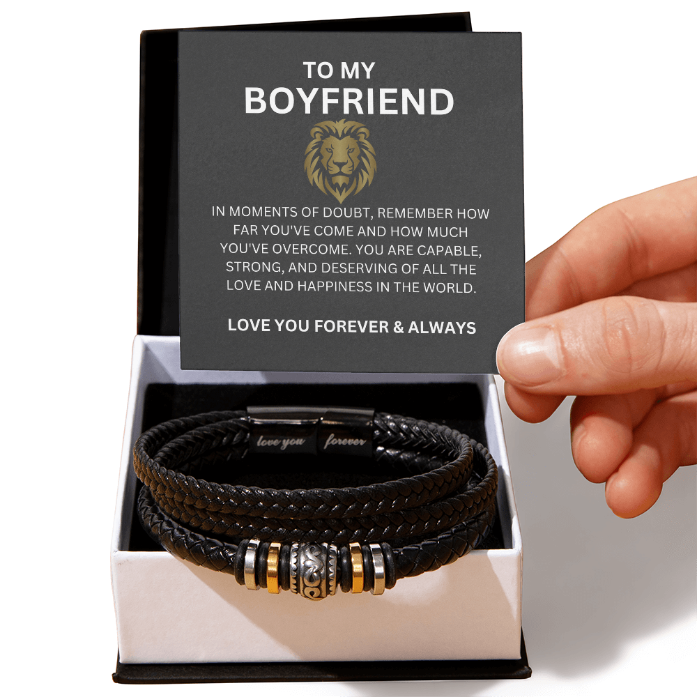 Men's Leather Bead Bracelet Gift for Boyfriend — Romantic Heartfelt Message Card Included