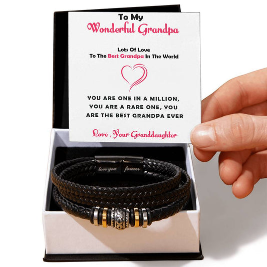 To My Wonderful Grandpa – Bead & Leather Bracelet Gift for Grandpa from Granddaughter with Heartfelt Message Card