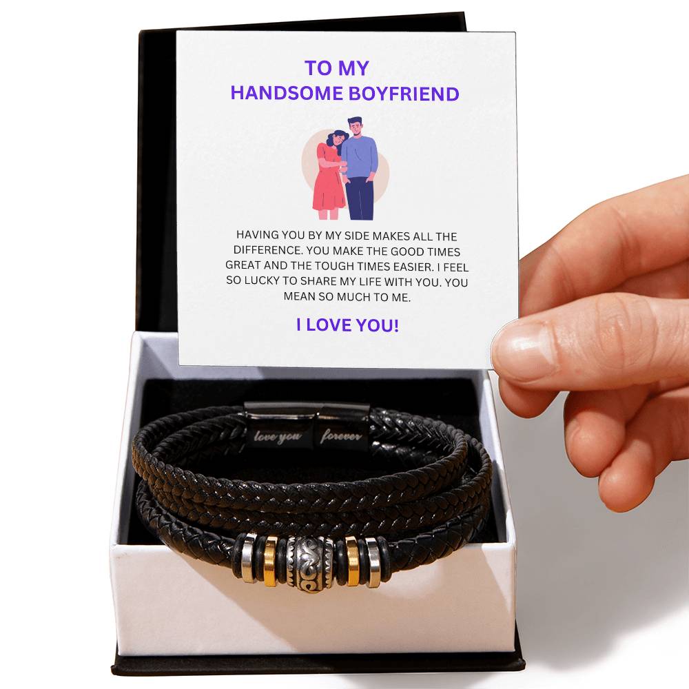 To My Handsome Boyfriend — Men’s Leather Bead Bracelet with Heartfelt Message Card