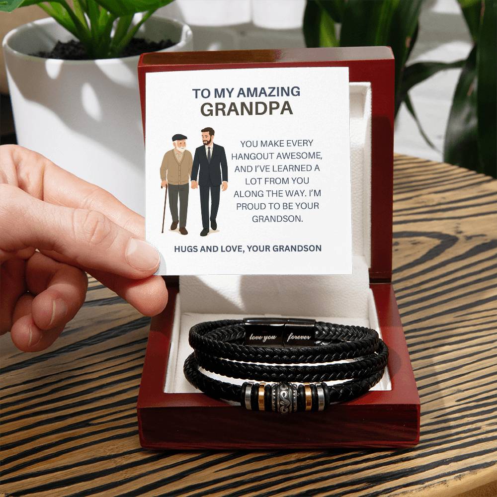 To My Amazing Grandpa – Leather and Beaded Bracelet for Grandpa from Grandson, Special Gift for Grandpa
