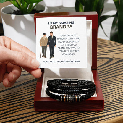 To My Amazing Grandpa – Leather and Beaded Bracelet for Grandpa from Grandson, Special Gift for Grandpa