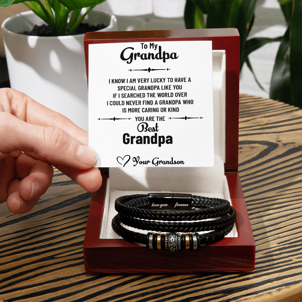 To My Wonderful Grandpa – Men's Bead & Leather Bracelet Gift for Grandpa from Grandson with Message Card