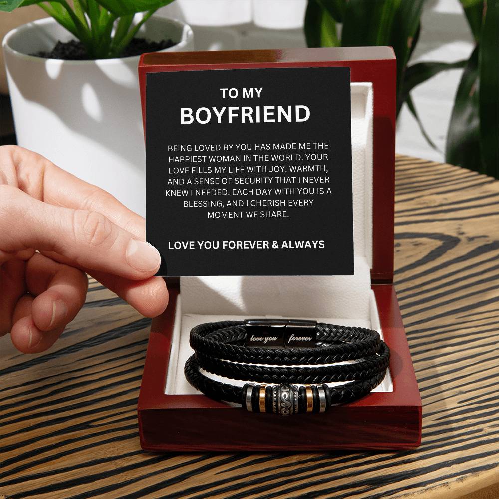 Unique Men’s Leather Bead Bracelet for Boyfriend with Heartfelt Message Card