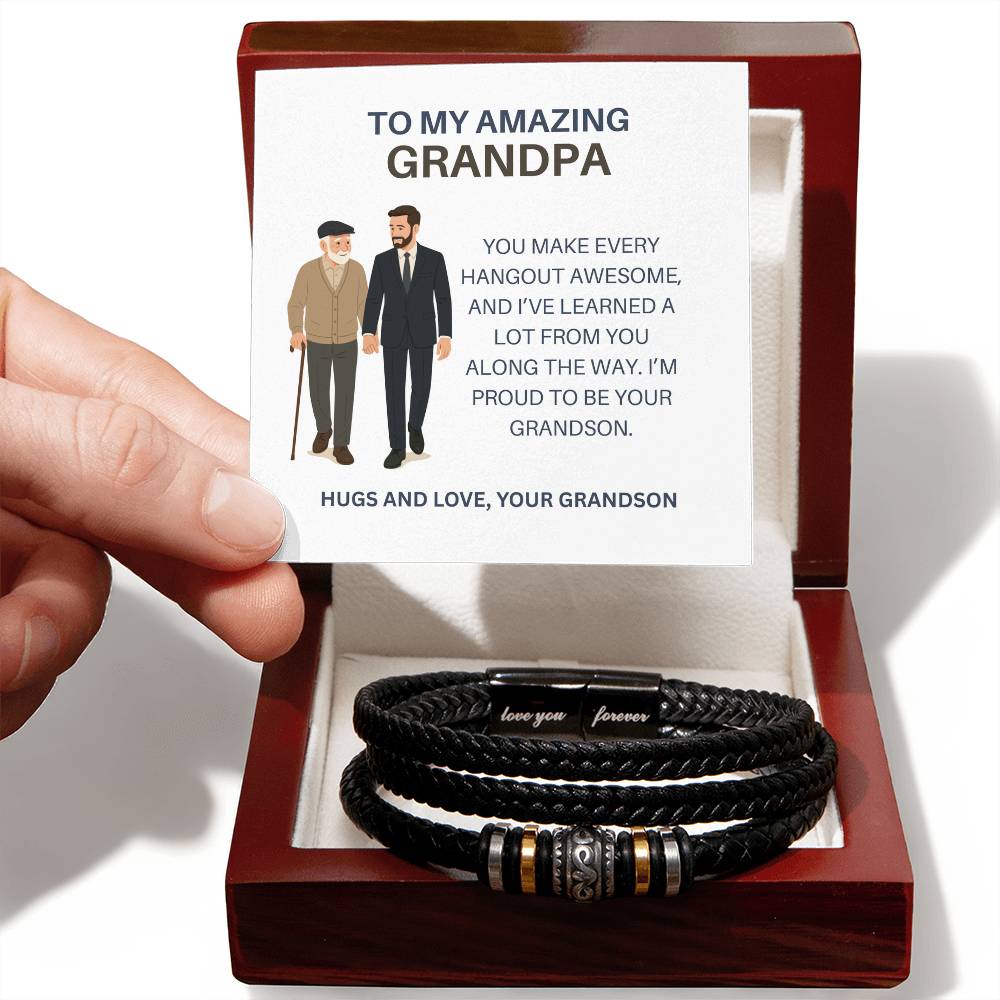 To My Amazing Grandpa – Leather and Beaded Bracelet for Grandpa from Grandson, Special Gift for Grandpa
