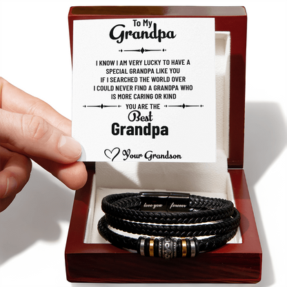 To My Wonderful Grandpa – Men's Bead & Leather Bracelet Gift for Grandpa from Grandson with Message Card