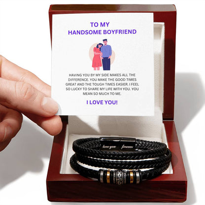 To My Handsome Boyfriend — Men’s Leather Bead Bracelet with Heartfelt Message Card