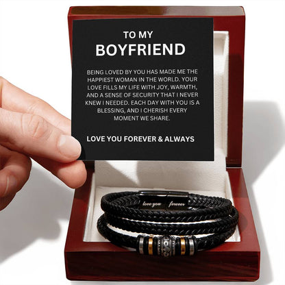 Unique Men’s Leather Bead Bracelet for Boyfriend with Heartfelt Message Card