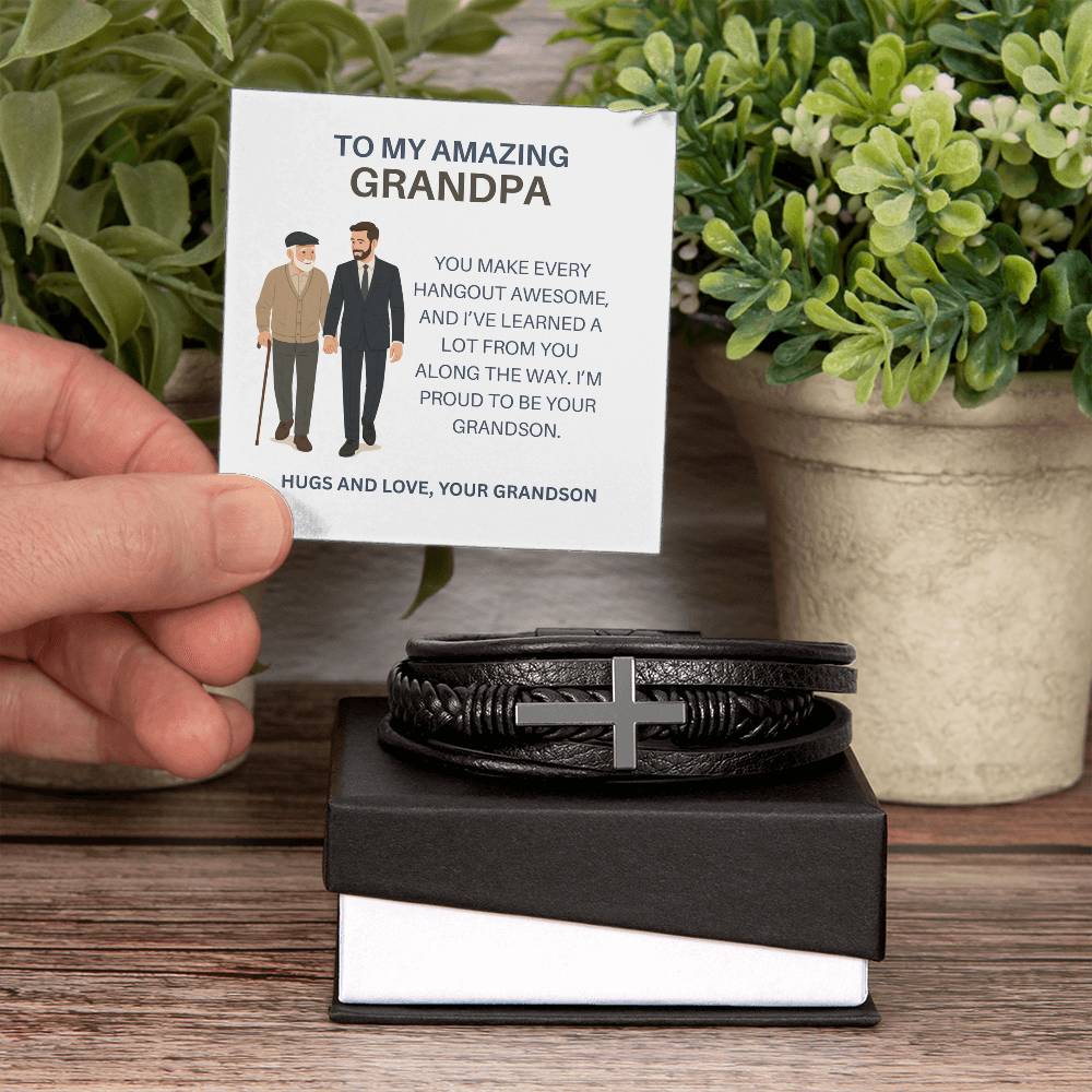 To My Grandpa – Men’s Cross Bracelet Gift for Him from Grandson, Stylish Gift for Grandpa
