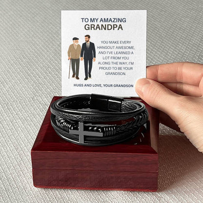 To My Grandpa – Men’s Cross Bracelet Gift for Him from Grandson, Stylish Gift for Grandpa