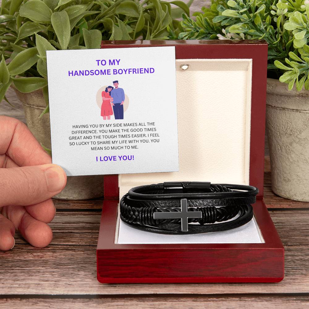 To My Handsome Boyfriend — Cross Bracelet Gift with Heartfelt Message Card