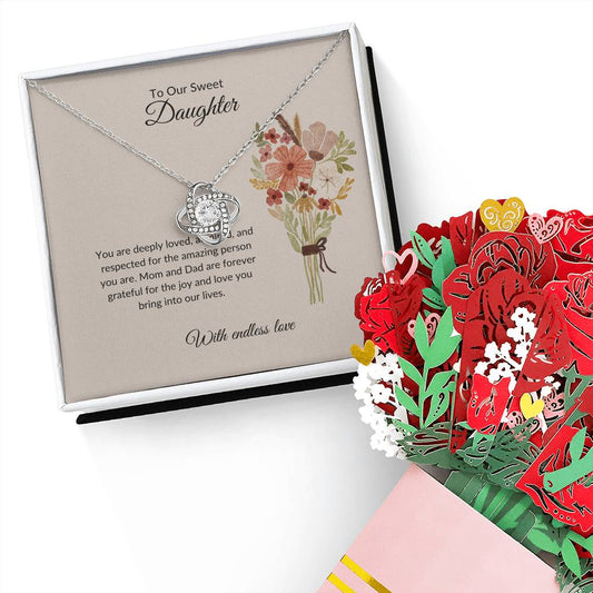 To My Sweet & Lovely Daughter – Cherished Love Knot Necklace & Flower Bouquet Bundle
