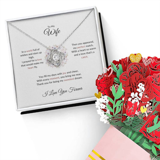 To My Wife, The Answer to My Prayers - Love Knot Necklace & Flower Bouquet Set