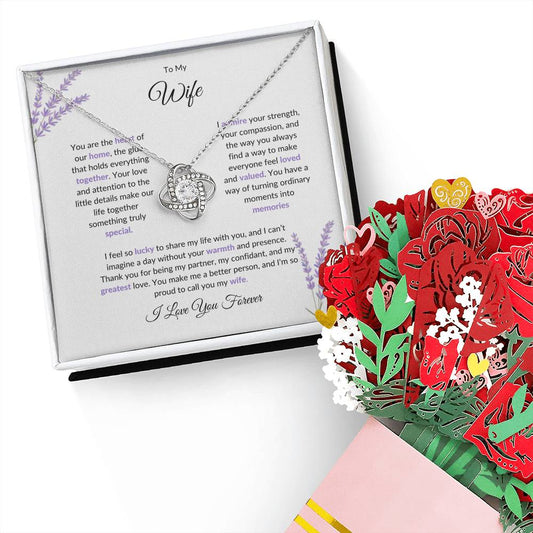 To My Wife, The Heartbeat of Our Home - Love Knot Necklace & Flower Bouquet Set