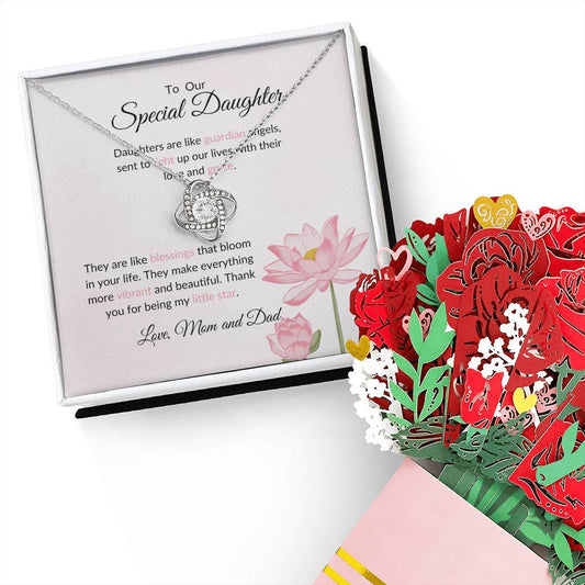 To My Special Daughter – Stunning Love Knot Necklace & Flower Bouquet Present